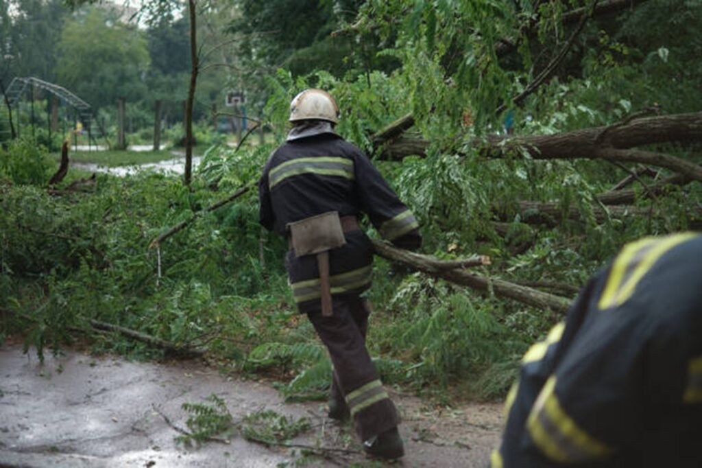 Emergency tree service crew removing storm-damaged tree near a home in Stow, Ohio